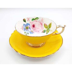 Paragon Vintage Double Warrant Yellow Cabbage Rose Bone China Teacup And Saucer